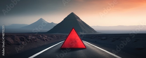 Red warning triangle is on wet road while bad weather, car accident, banner. Generative Ai. © annamaria