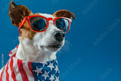 Cool Dog, A dog wearing a red, white and blue bandana and sunglasses, dachshund sausage dog wearing sunglasses of usa on independence day  of j reflections on glasses, isolated on white background  © Shanza