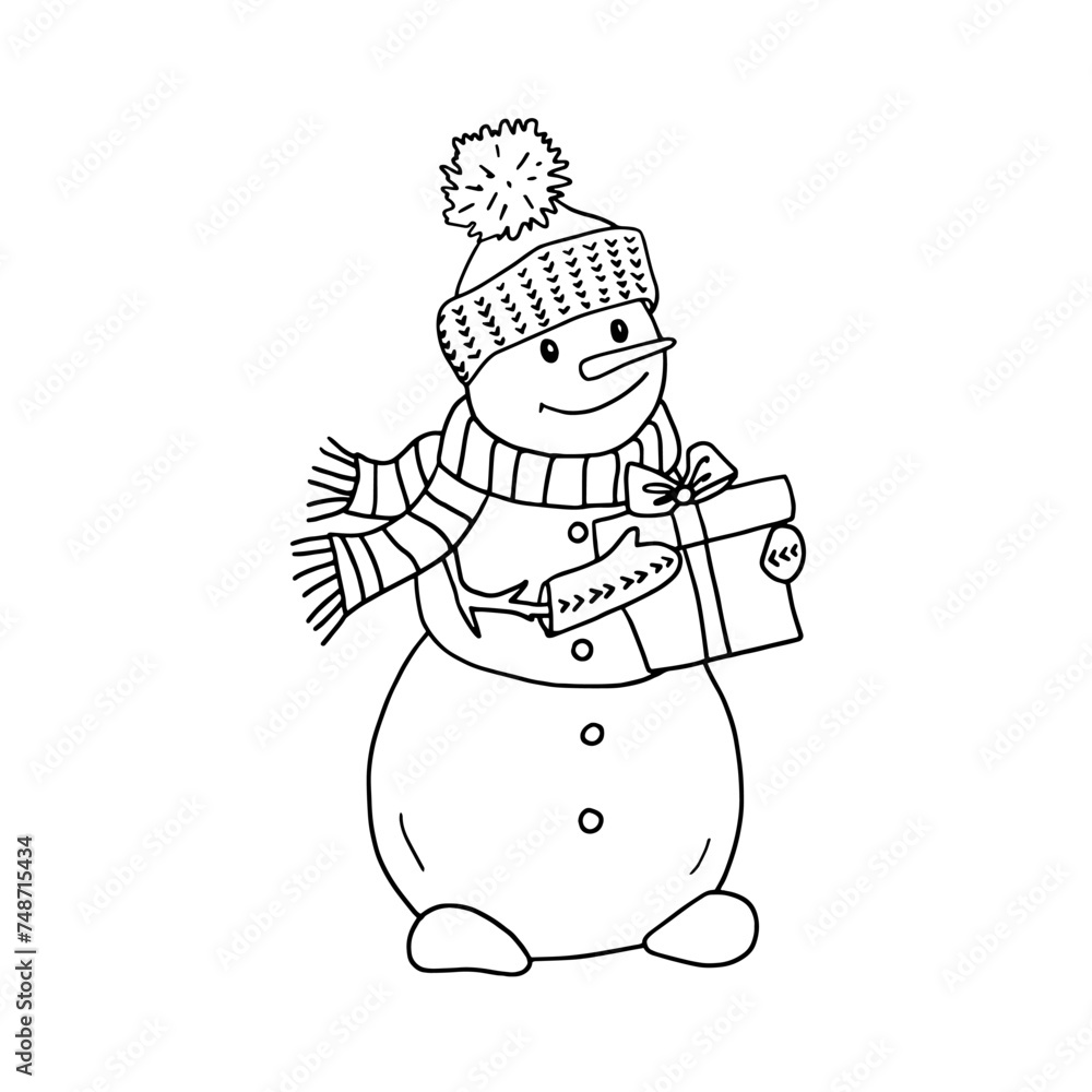 A snowman in a hat mittens and scarf holds a gift box. Hand drawn with black line on white background. Coloring. A snowman in a hat mittens and scarf holds a gift box. Hand drawn with black line on white background. Coloring.