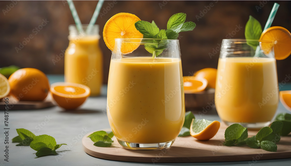 A refreshing citrus smoothie, blending oranges, lemons, and a hint of mint A refreshing citrus smoothie, blending oranges, lemons, and a hint of mint