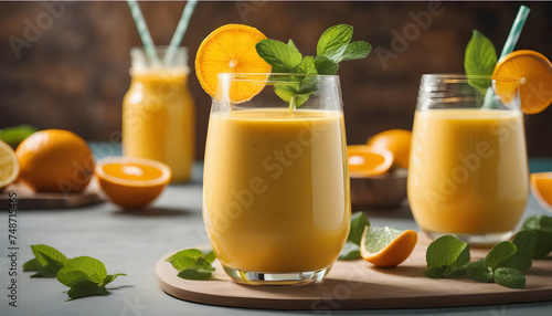 A refreshing citrus smoothie, blending oranges, lemons, and a hint of mint