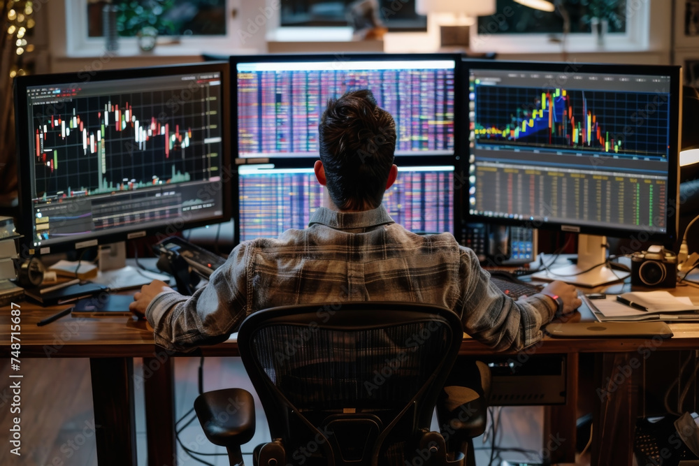 Trader Working on a Computers with Multi-Monitor, investor broker  working at desk. Stocks, Commodities, Cryptocurrency, Bitcoin and Exchange Market concept.