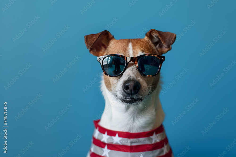 Cool Dog, A dog wearing a red, white and blue bandana and sunglasses, dachshund sausage dog wearing sunglasses of usa on independence day  of j reflections on glasses, isolated on white background
