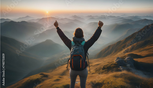 A traveler standing on a mountaintop, arms raised, exuding the exhilaration of accomplishment and happiness