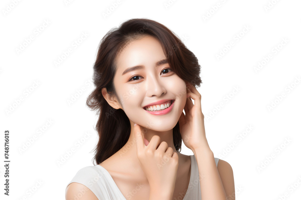 Woman with beautiful face touching healthy facial skin, skincare and cosmetics concept, isolated on transparent background Woman with beautiful face touching healthy facial skin, skincare and cosmetics concept, isolated on transparent background