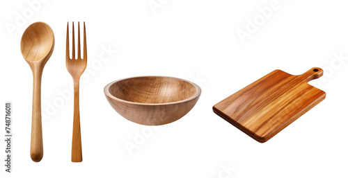 Set of wooden fork,spoon,bowl and wooden cutting board isolated on transparent background.