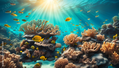 Korallen bunt Riff Korallenriff mit Fischen in t  rkis blauen Wasser in Meer und Ozean  wie Karibik mit Sonne Lichtstrahlen hell und lebendig voller Leben Aquarium Mehresbewohner Urlaub tauchen Hai
