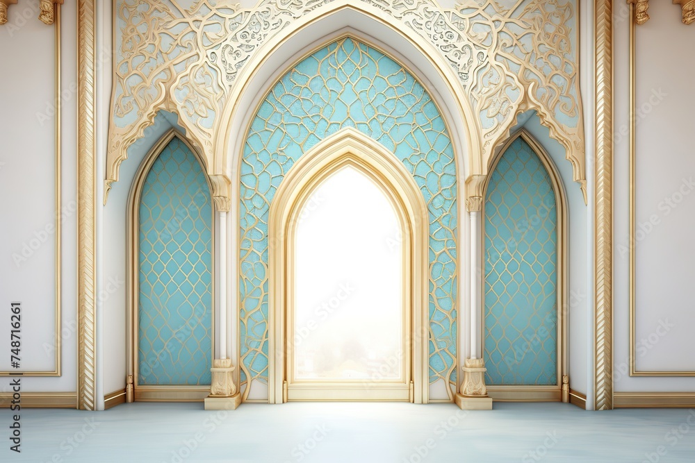 Ramadan kareem or eid al fitr, background with golden arch, with golden arabic pattern, background for holy month of muslim community Ramadan Kareem Generative AI