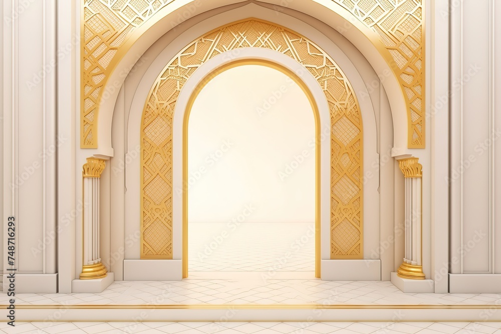 Ramadan kareem or eid al fitr, background with golden arch, with golden arabic pattern, background for holy month of muslim community Ramadan Kareem Generative AI