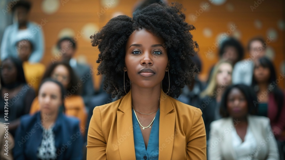confident businesswoman, an afro american woman, standing in front of a crowd of people, showcasing leadership and entrepreneurial spirit in a corporate event confident businesswoman, an afro american woman, standing in front of a crowd of people, showcasing leadership and entrepreneurial spirit in a corporate event