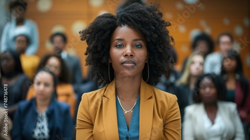 confident businesswoman, an afro american woman, standing in front of a crowd of people, showcasing leadership and entrepreneurial spirit in a corporate event