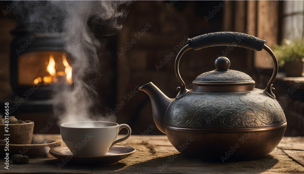 Vintage teapot with boiling water, steam, and fire on rustic background.