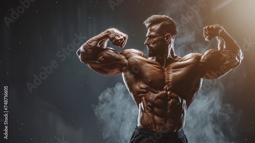 extreme bodybuilding with very muscular man flexing arms and chest, showcasing the power and strength of an athlete in the fitness world with ample copy space photo