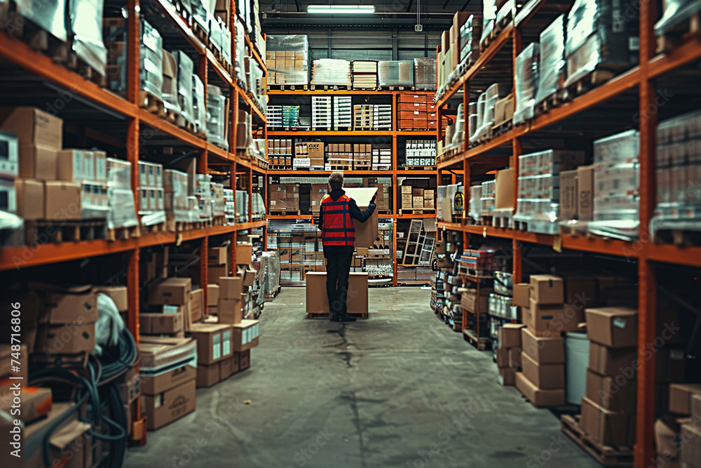 warehouse shelves with boxes, worker in warehouse, warehouse, warehouse workers in warehouse, person in a warehouse