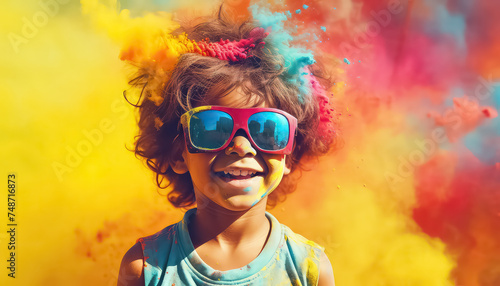 Happy kid in glasses and paint dust at festival , happy holi indian concept