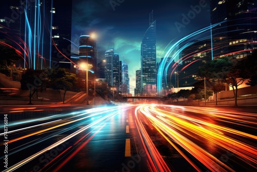 street view and cityscape in night time with blurred line