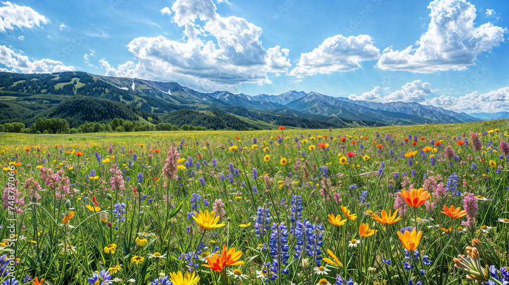 Obraz premium Beautiful green meadow with colourful flowers in the summer
