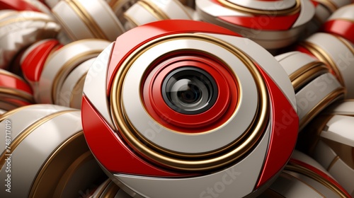 Dynamic 3d geometric background with gold, white, and red rotating circles futuristic tech design