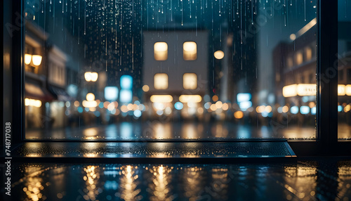 Rainy city street at night with blurred lights and wet surfaces, creating a moody urban atmosphere.
