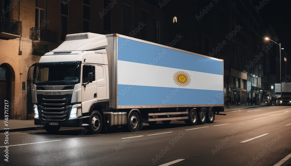 A truck with the national flag of Argentina depicted carries goods to another country along the highway. Concept of export-import,transportation, national delivery of goods. A truck with the national flag of Argentina depicted carries goods to another country along the highway. Concept of export-import,transportation, national delivery of goods.