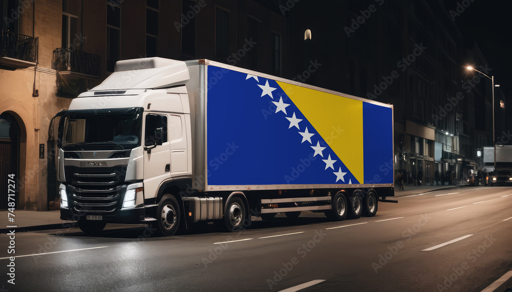 Naklejka premium A truck with the national flag of Bosnia and Herzegovina depicted carries goods to another country along the highway. Concept of export-import,transportation, national delivery of goods.