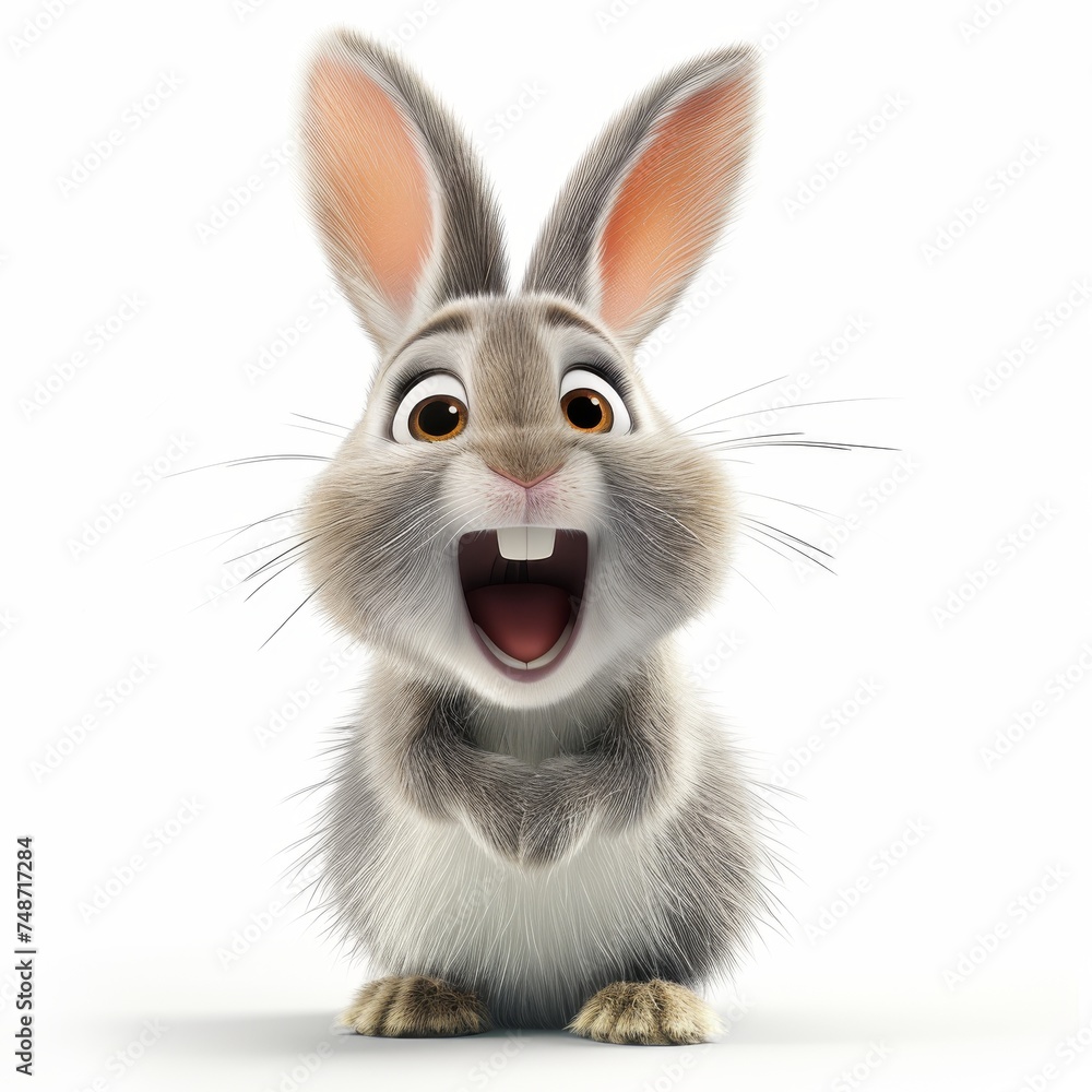 Obraz premium Funny white rabbit character on white background, Easter bunny. 