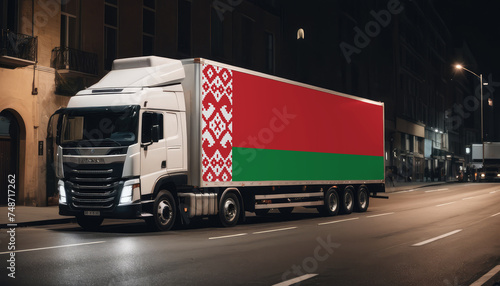 A truck with the national flag of Belarus depicted carries goods to another country along the highway. Concept of export-import transportation  national delivery of goods.