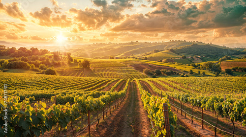 Panorama view on a vineyard on a hill at sunset