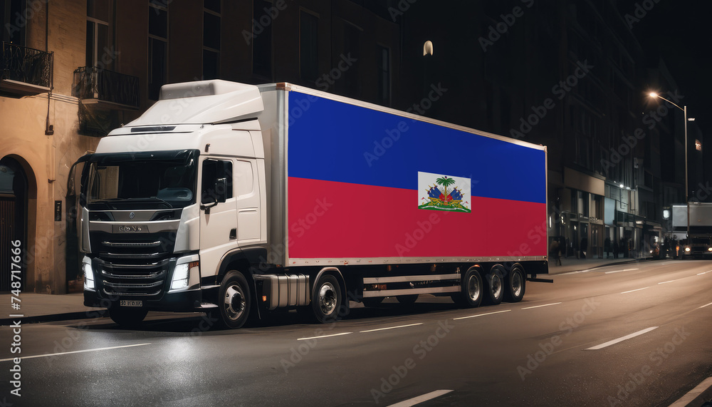 A truck with the national flag of Haiti depicted carries goods to another country along the highway. Concept of export-import,transportation, national delivery of goods.