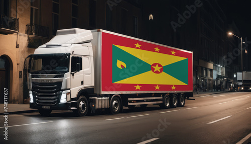 A truck with the national flag of Grenada depicted carries goods to another country along the highway. Concept of export-import,transportation, national delivery of goods.