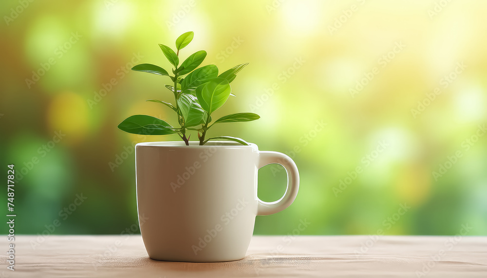Plant in a cup on a green background , safe nature earth day concept