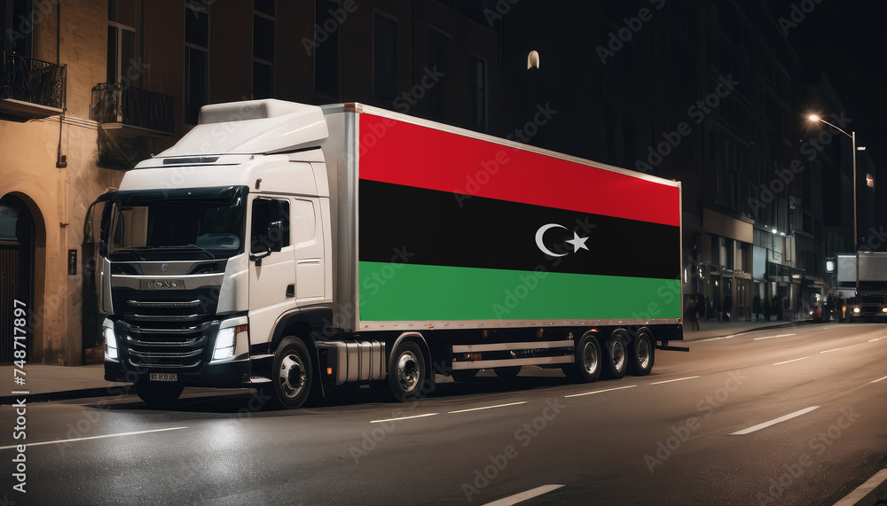 Naklejka premium A truck with the national flag of Libya depicted carries goods to another country along the highway. Concept of export-import,transportation, national delivery of goods.