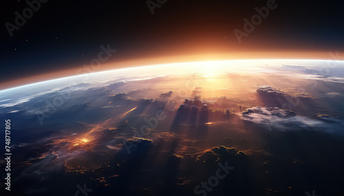 Sun rising view from space   safe nature earth day concept
