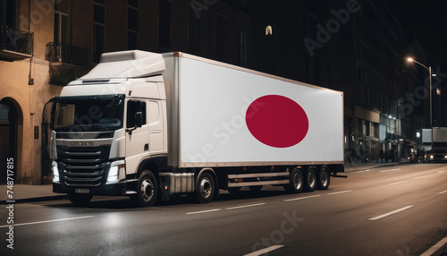 A truck with the national flag of Japan depicted carries goods to another country along the highway. Concept of export-import,transportation, national delivery of goods.