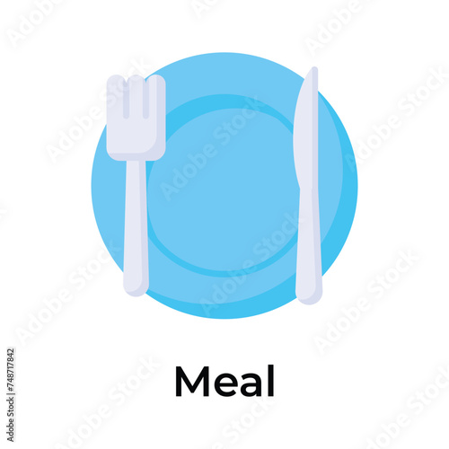 Fork and knife with plate denoting meal vector design
