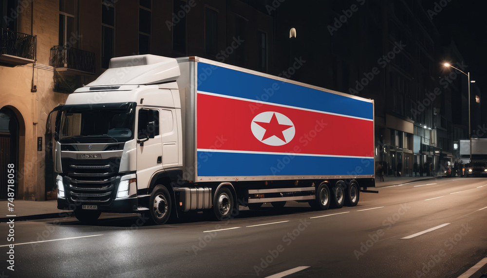 A truck with the national flag of North Korea depicted carries goods to another country along the highway. Concept of export-import,transportation, national delivery of goods.