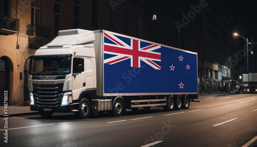 A truck with the national flag of New Zealand depicted carries goods to another country along the highway. Concept of export-import,transportation, national delivery of goods.