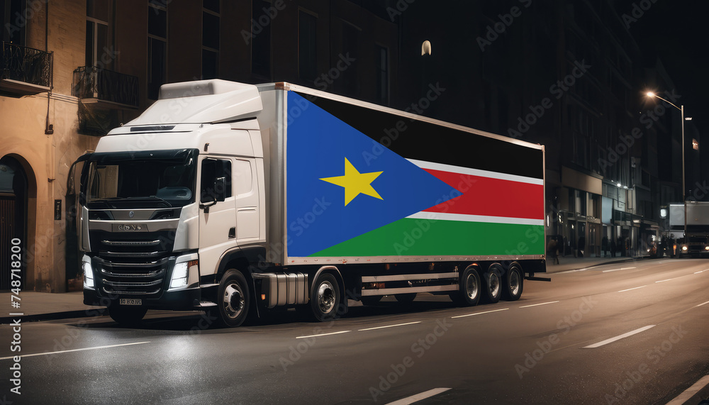 A truck with the national flag of South Sudan depicted carries goods to another country along the highway. Concept of export-import,transportation, national delivery of goods.