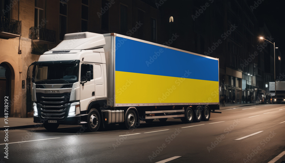 A truck with the national flag of Ukraine depicted carries goods to another country along the highway. Concept of export-import,transportation, national delivery of goods.