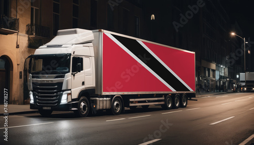 A truck with the national flag of Trinidad and Tobago depicted carries goods to another country along the highway. Concept of export-import,transportation, national delivery of goods.