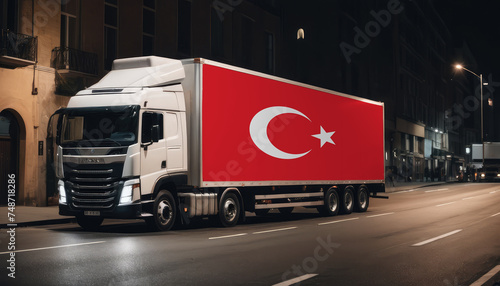 A truck with the national flag of Turkey depicted carries goods to another country along the highway. Concept of export-import,transportation, national delivery of goods.