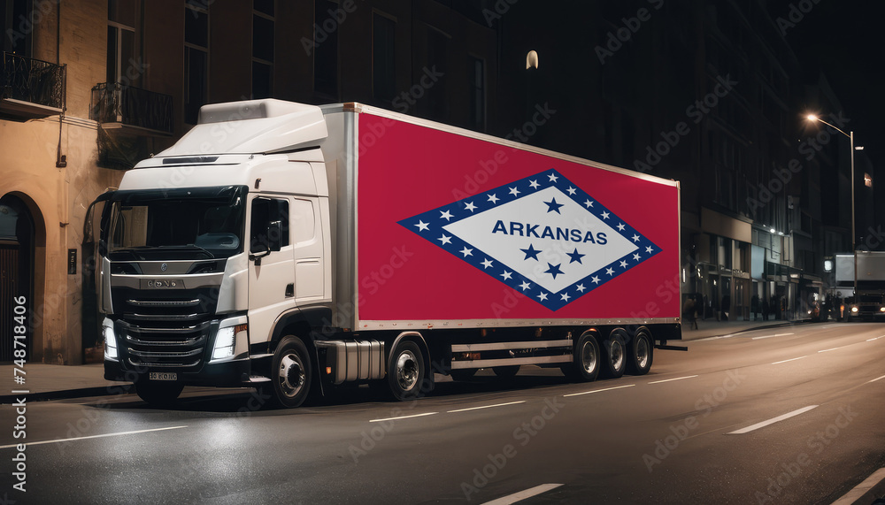 Naklejka premium A truck with the national flag of Arkansas depicted carries goods to another country along the highway. Concept of export-import,transportation, national delivery of goods.