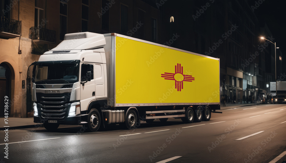 Naklejka premium A truck with the national flag of New Mexico depicted carries goods to another country along the highway. Concept of export-import,transportation, national delivery of goods.