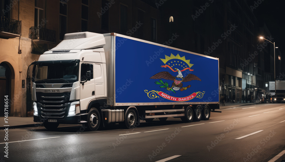 A truck with the national flag of North Dakota depicted carries goods to another country along the highway. Concept of export-import,transportation, national delivery of goods.