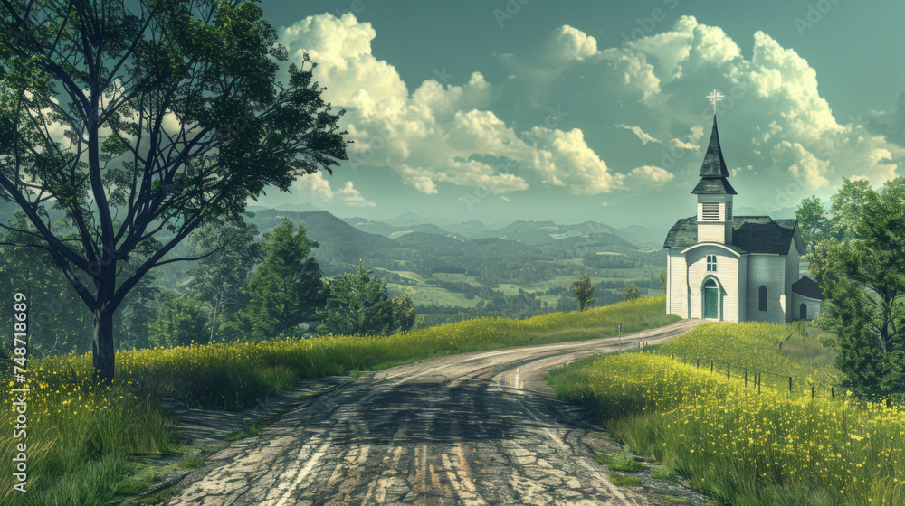 Realistic Old highway leading a small nice chruch. Realistic Old highway leading a small nice chruch.