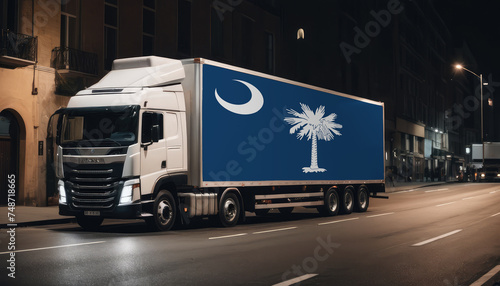 A truck with the national flag of South Carolina depicted carries goods to another country along the highway. Concept of export-import,transportation, national delivery of goods.