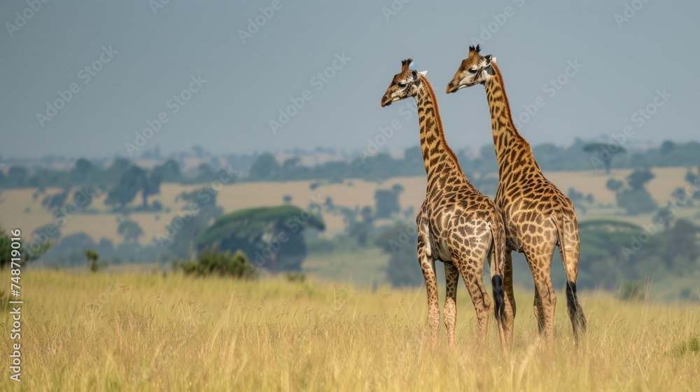 Obraz premium a couple of giraffe standing next to each other in a field of tall grass with trees in the background.