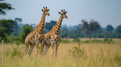 two giraffes standing next to each other in a field of tall grass with trees in the background.