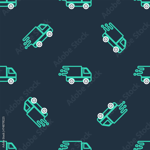 Line Delivery truck in movement icon isolated seamless pattern on black background. Fast shipping delivery truck. Vector