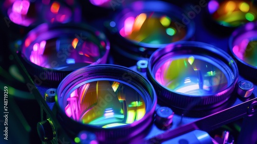 The unseen beauty of a lenss optical design illuminated by laser light with black light revealing the vibrant fluorescence of its lens elements in closeup photo